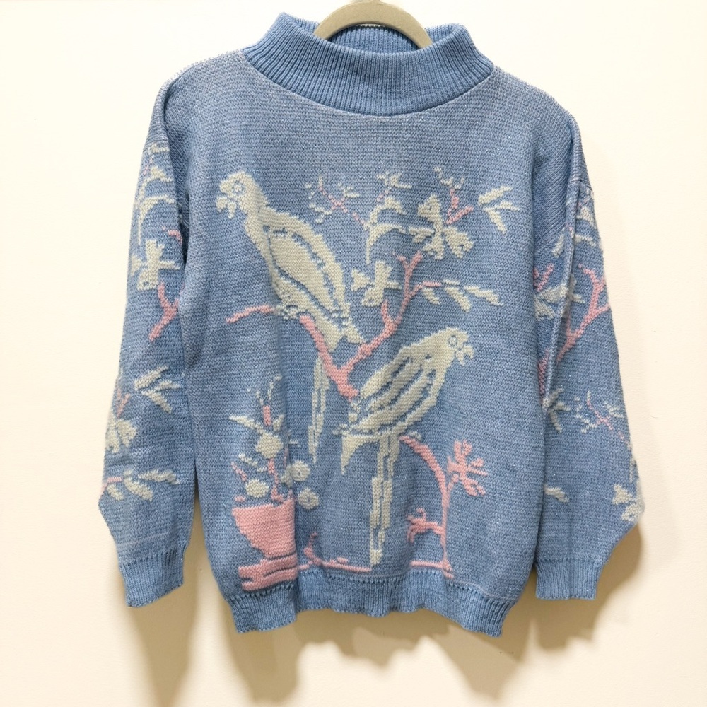 Vtg 80s Light Blue Bird Cherry Blossom Metallic Shimmer Knit Sweater Pastel L/M - Picture 2 of 7